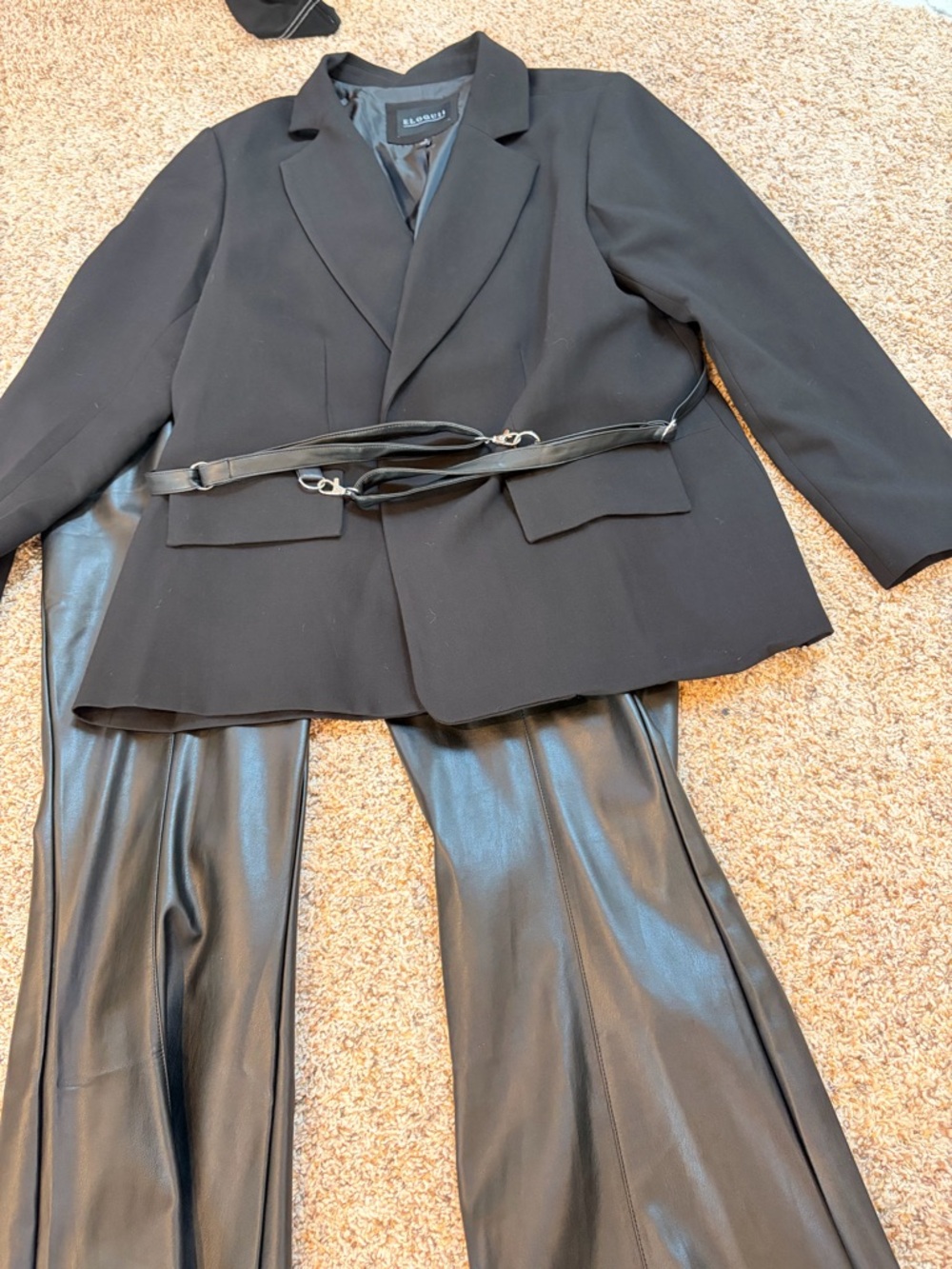 Eloquii Black 16W/18WSuit Tailored Blazer w/ slight bootcut faux leather pant